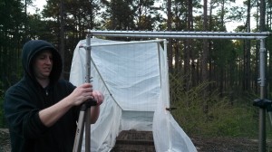 When bats fly into the strings of the harp trap, they fall into the bag below and can be examined by researchers.